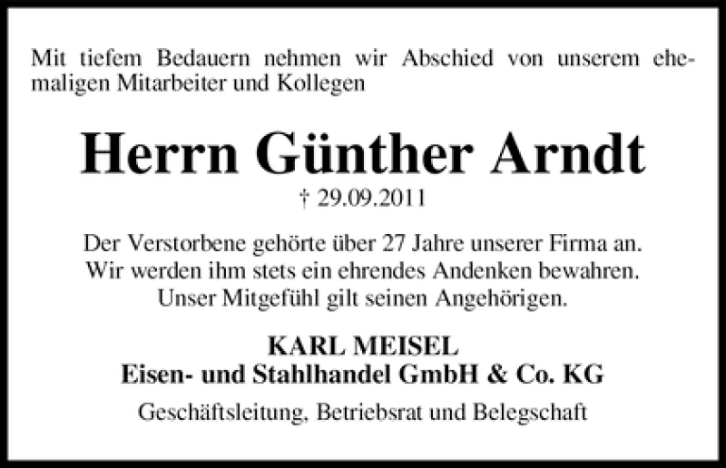 Traueranzeige von Günther Arndt von WESER-KURIER