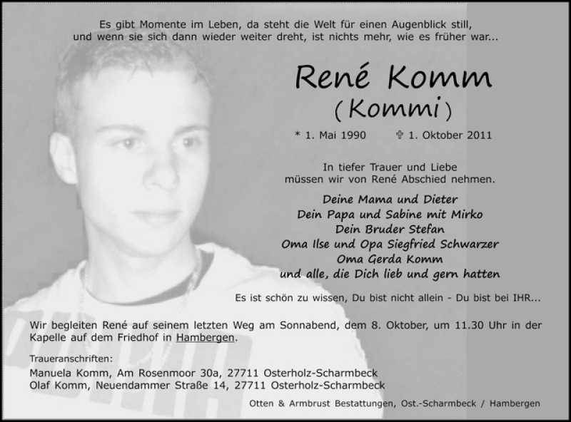  Traueranzeige für René Komm vom 05.10.2011 aus WESER-KURIER