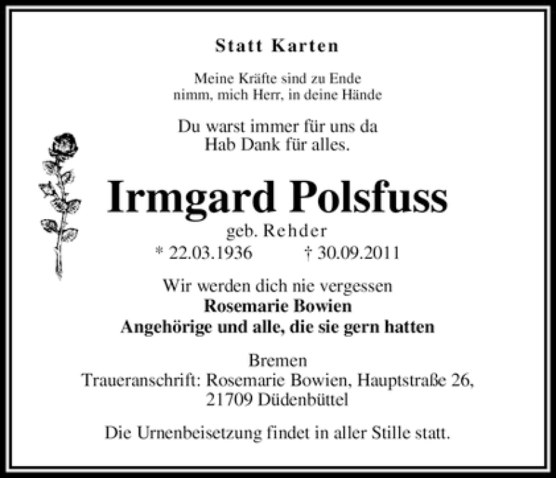 Traueranzeige von Irmgard Polsfuss von WESER-KURIER
