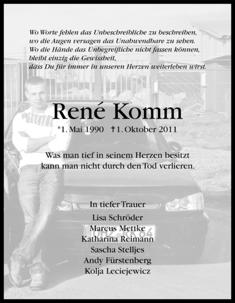  Traueranzeige für René Komm vom 07.10.2011 aus WESER-KURIER