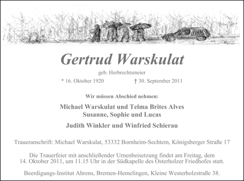 Traueranzeige von Gertrud Warskulat von WESER-KURIER