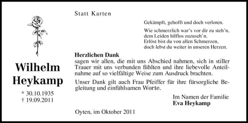  Traueranzeige für Wilhelm Heykamp vom 08.10.2011 aus WESER-KURIER