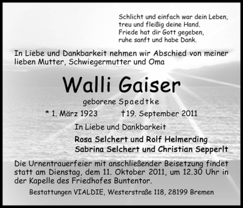 Traueranzeige für Walli Gaiser vom 08.10.2011 aus WESER-KURIER