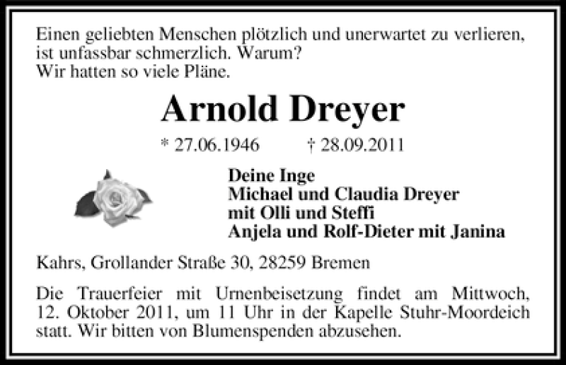  Traueranzeige für Arnold Dreyer vom 08.10.2011 aus WESER-KURIER