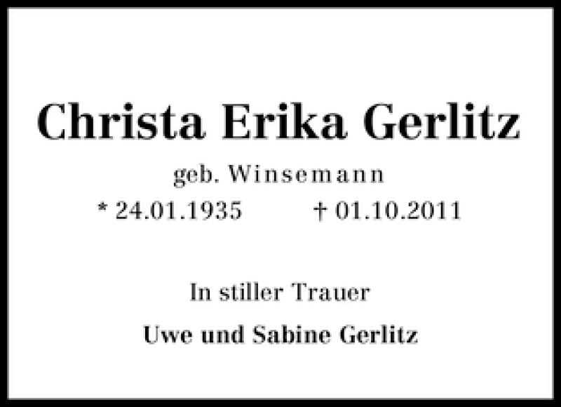 Traueranzeige von Christa Erika Gerlitz von WESER-KURIER