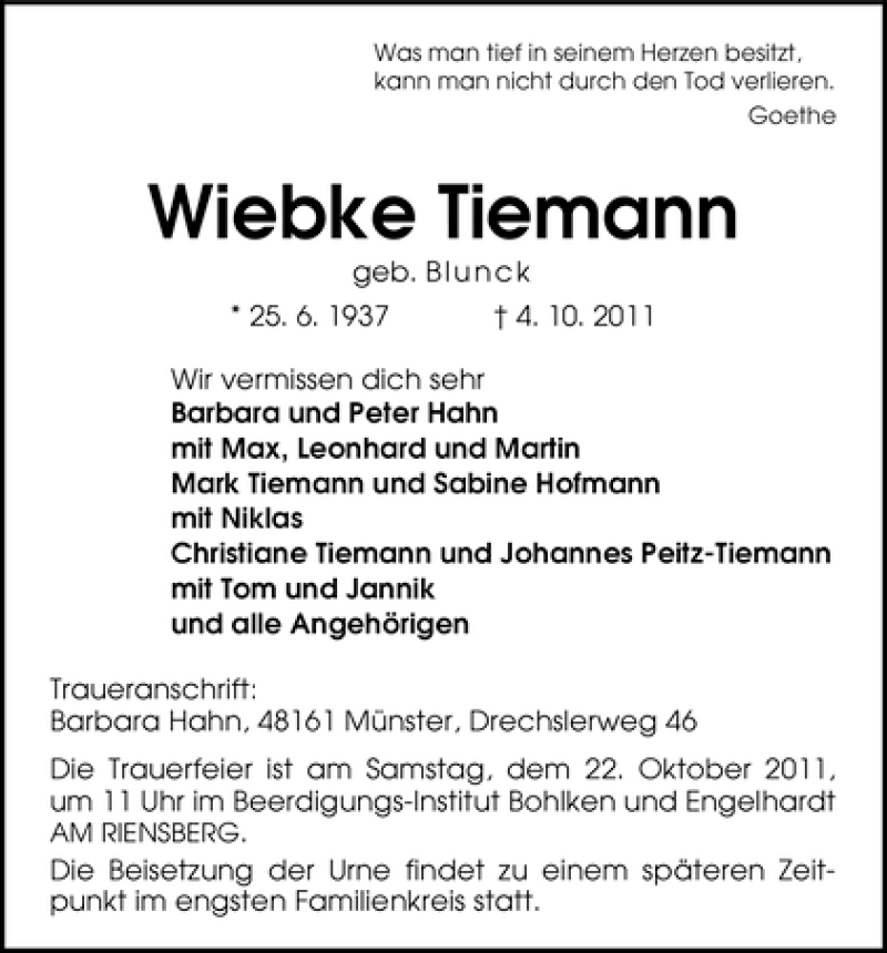  Traueranzeige für Wiebke Tiemann vom 15.10.2011 aus WESER-KURIER