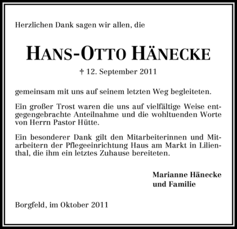 Traueranzeige von Hans-Otto Hänecke von WESER-KURIER