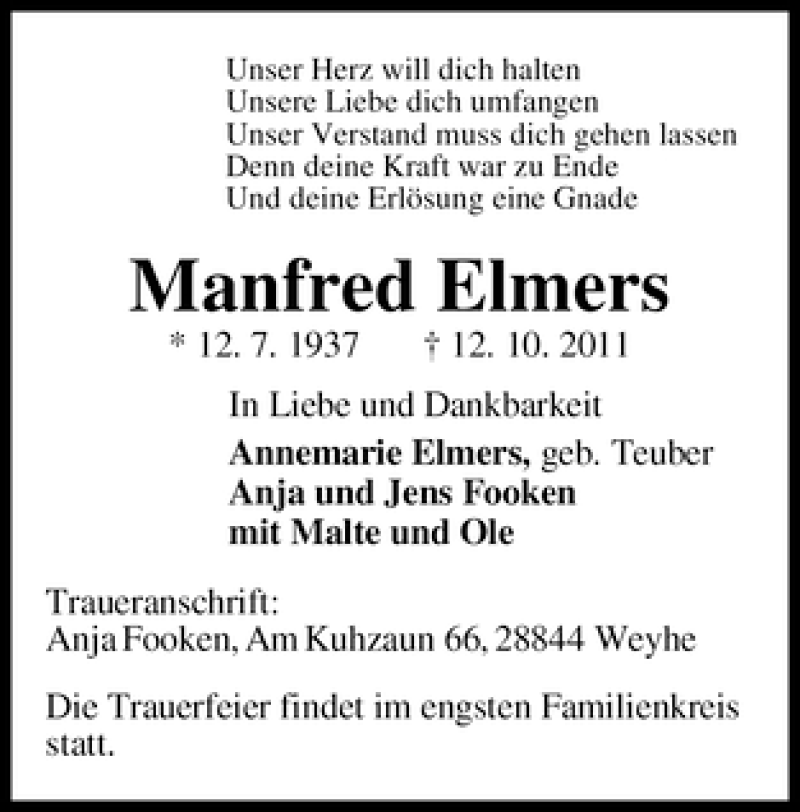 Traueranzeige von Manfred Elmers von WESER-KURIER