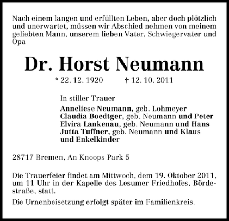 Traueranzeige von Horst Neumann von WESER-KURIER