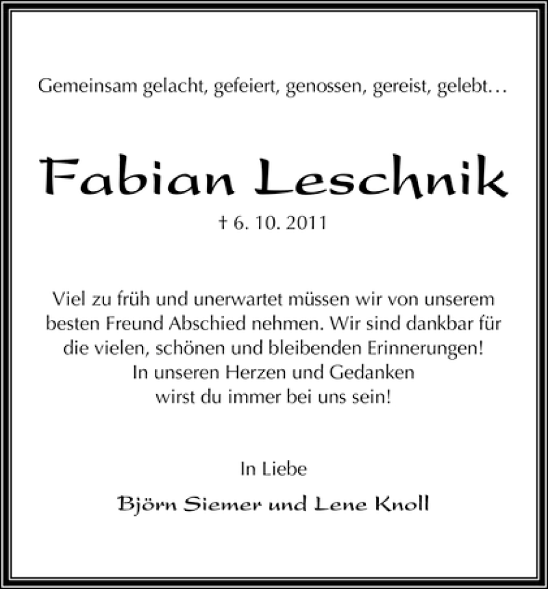  Traueranzeige für Fabian Leschnik vom 20.10.2011 aus WESER-KURIER