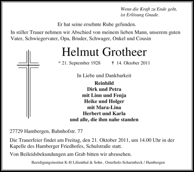  Traueranzeige für Helmut Grotheer vom 17.10.2011 aus WESER-KURIER