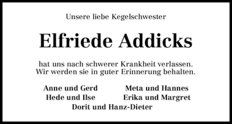 Traueranzeige von Elfriede Addicks von WESER-KURIER