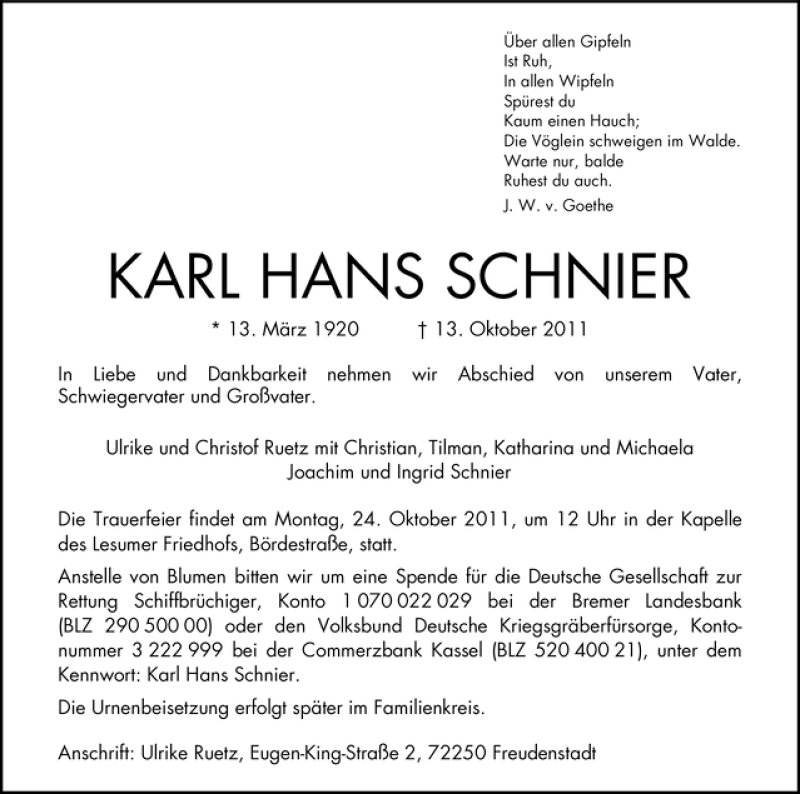 Traueranzeige von Karl Hans Schnier von WESER-KURIER