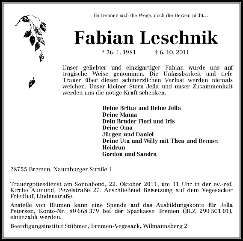  Traueranzeige für Fabian Leschnik vom 19.10.2011 aus WESER-KURIER