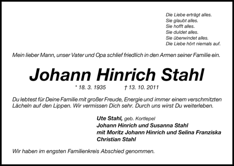 Traueranzeige von Johann Hinrich Stahl von WESER-KURIER
