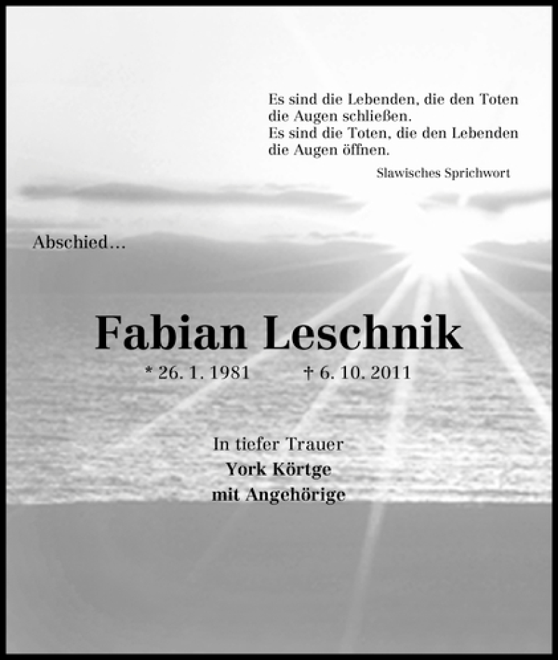  Traueranzeige für Fabian Leschnik vom 20.10.2011 aus WESER-KURIER
