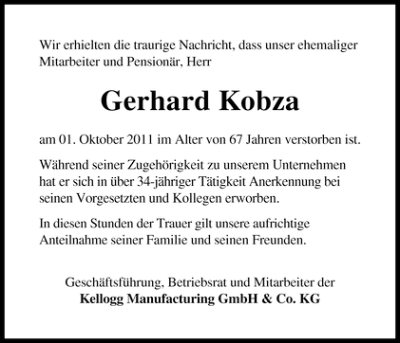 Traueranzeige von Gerhard Kobza von WESER-KURIER