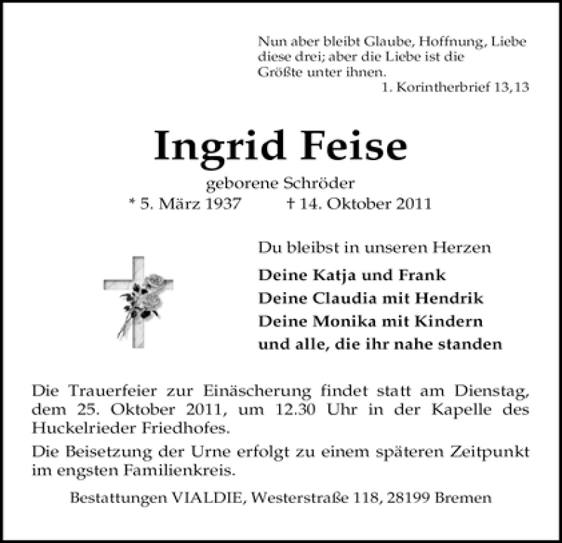  Traueranzeige für Ingrid Feise vom 22.10.2011 aus WESER-KURIER