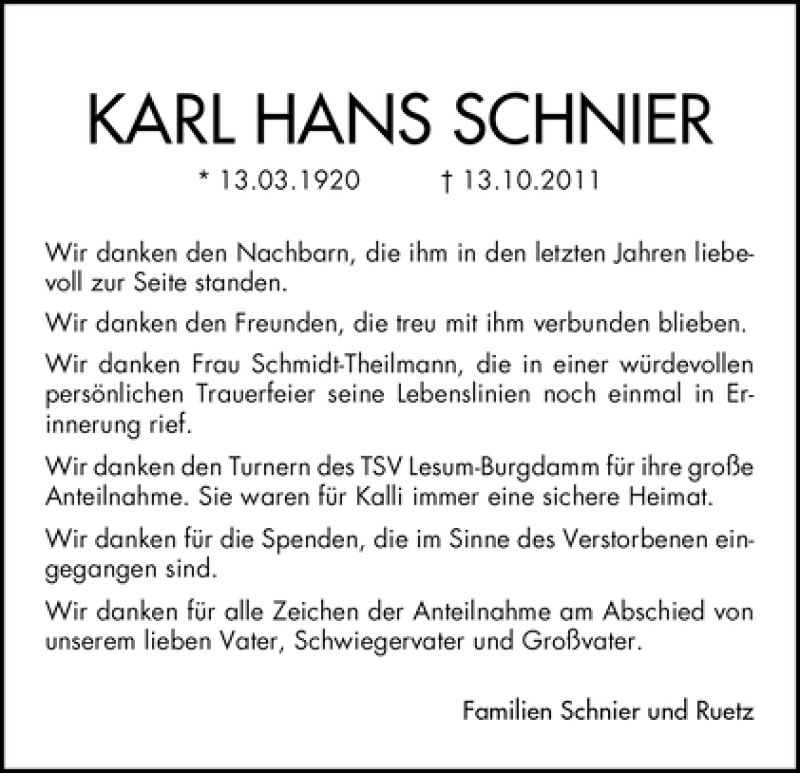 Traueranzeige von Karl Hans Schnier von WESER-KURIER