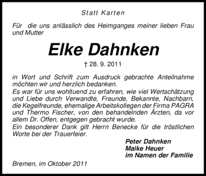  Traueranzeige für Elke Dahnken vom 29.10.2011 aus WESER-KURIER