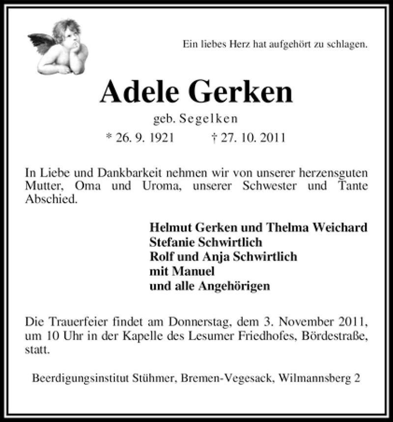 Traueranzeige von Adele Gerken von WESER-KURIER