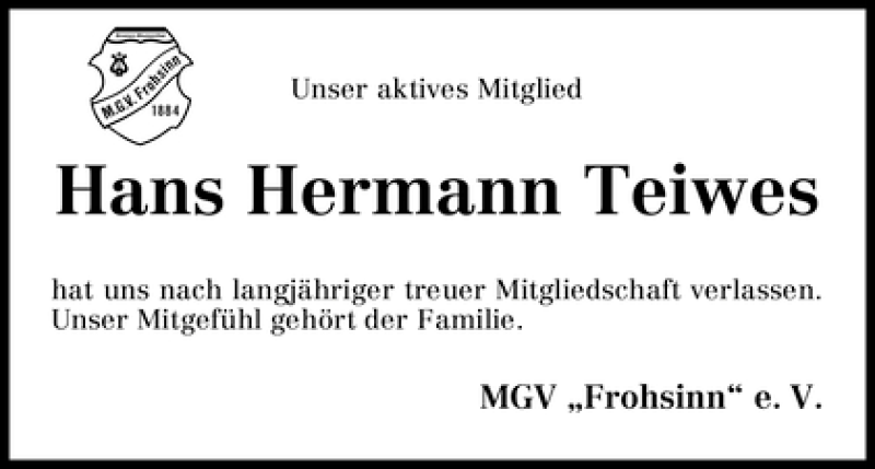 Traueranzeige von Hans Hermann Teiwes von WESER-KURIER
