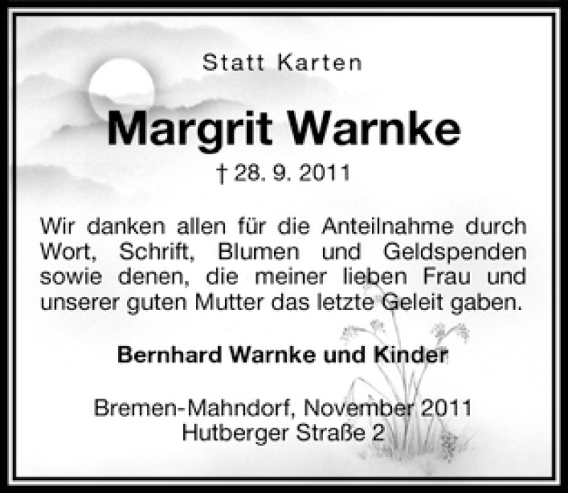  Traueranzeige für Margrit Warnke vom 05.11.2011 aus WESER-KURIER