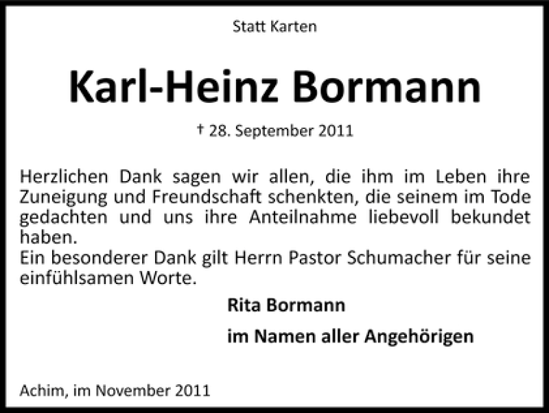  Traueranzeige für Karl-Heinz Bormann vom 12.11.2011 aus WESER-KURIER