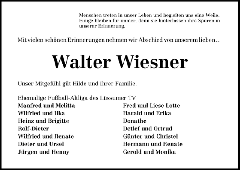 Traueranzeige von Walter Wiesner von WESER-KURIER