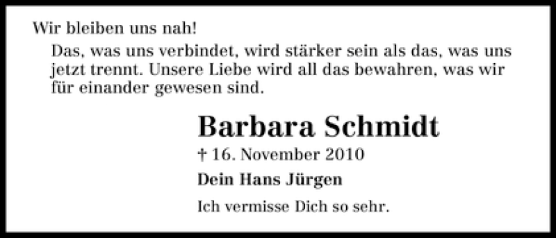  Traueranzeige für Barbara Schmidt vom 16.11.2011 aus WESER-KURIER