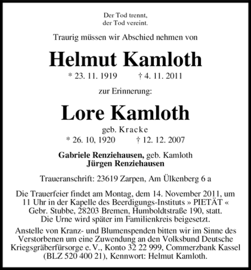 Traueranzeige von Helmut Kamloth von WESER-KURIER