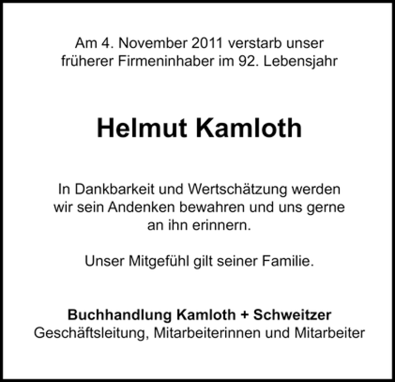 Traueranzeige von Helmut Kamloth von WESER-KURIER