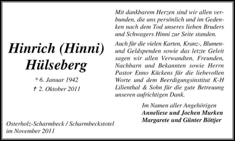 Traueranzeige von Hinrich (Hinni) Hülseberg von WESER-KURIER