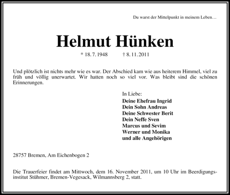 Traueranzeige von Helmut Hünken von WESER-KURIER