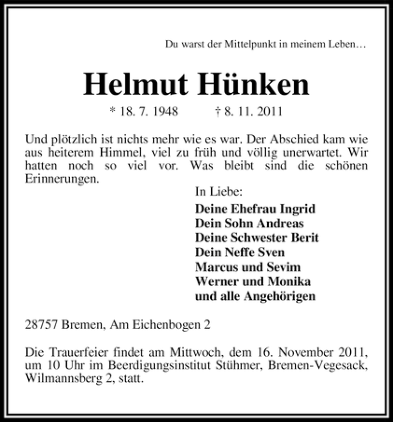 Traueranzeige von Helmut Hünken von WESER-KURIER