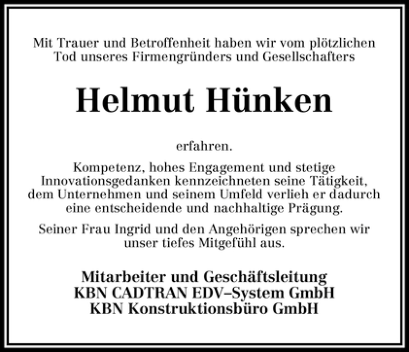 Traueranzeige von Helmut Hünken von WESER-KURIER
