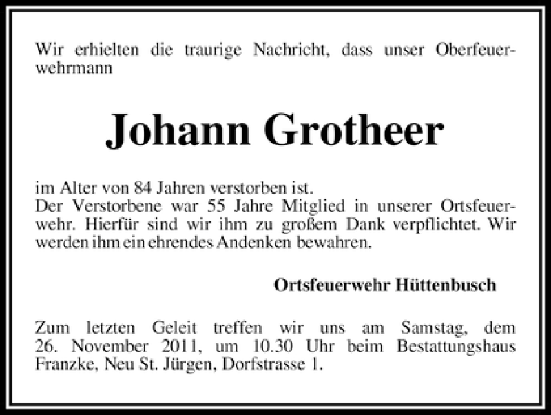 Traueranzeige von Johann Grotheer von WESER-KURIER