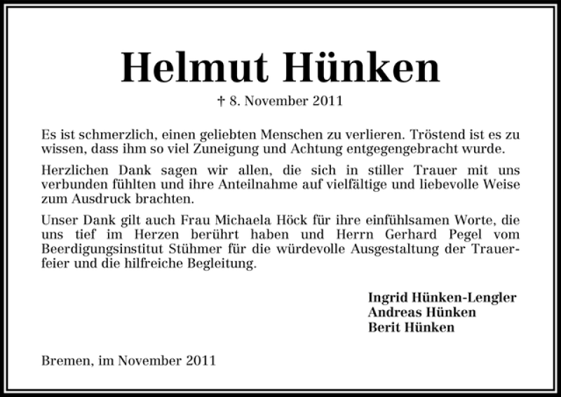 Traueranzeige von Helmut Hünken von WESER-KURIER