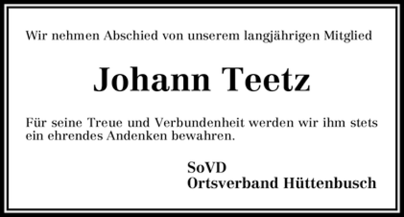 Traueranzeige von Johann Teetz von WESER-KURIER