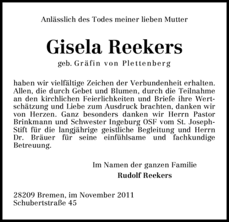 Traueranzeige von Gisela Reekers von WESER-KURIER