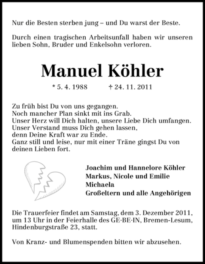  Traueranzeige für Manuel Köhler vom 30.11.2011 aus WESER-KURIER
