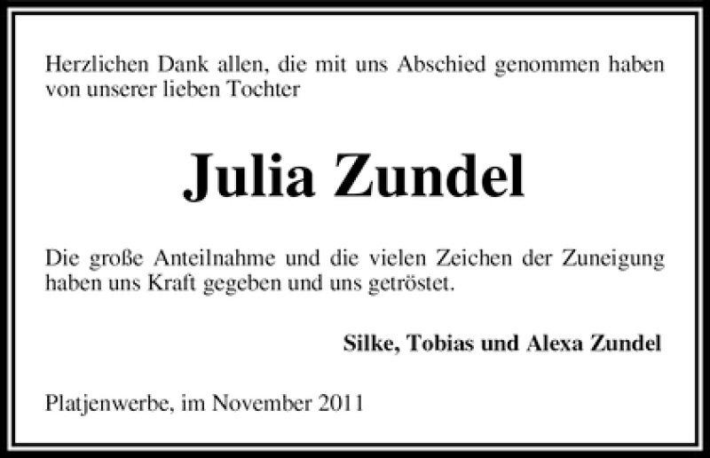 Traueranzeige von Julia Zundel von WESER-KURIER