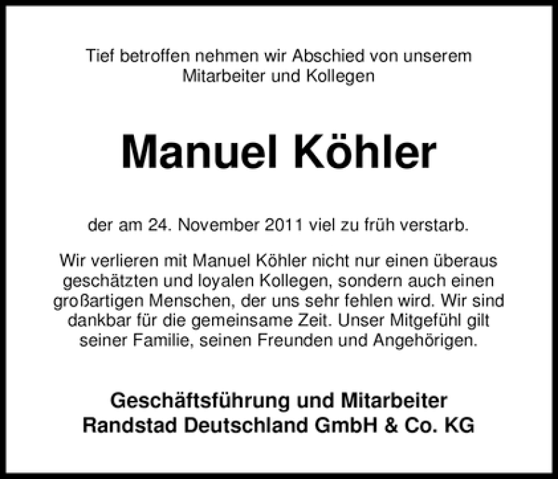  Traueranzeige für Manuel Köhler vom 30.11.2011 aus WESER-KURIER