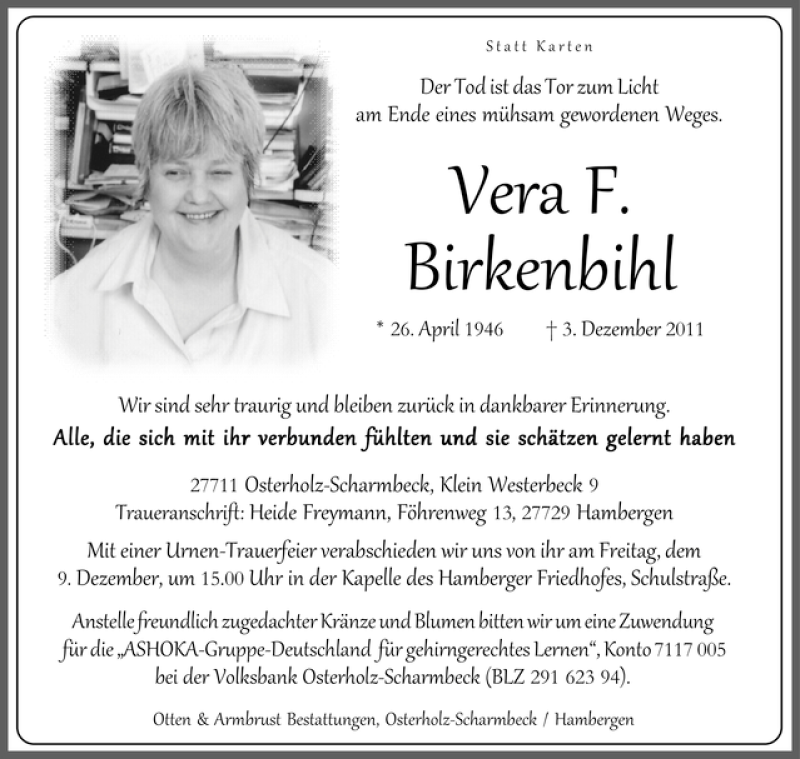  Traueranzeige für Vera F. Birkenbihl vom 05.12.2011 aus WESER-KURIER