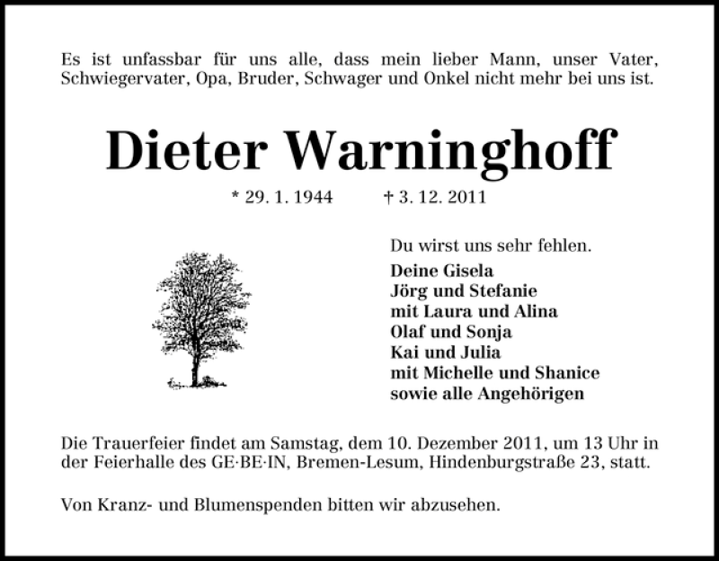 Traueranzeige von Dieter Warninghoff von WESER-KURIER