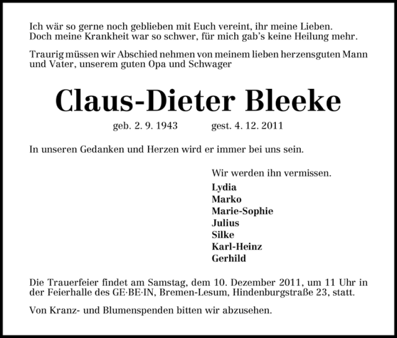 Traueranzeige von Claus-Dieter Bleeke von WESER-KURIER