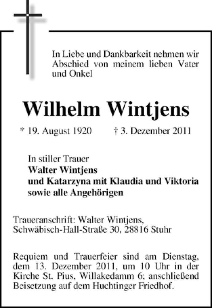 Traueranzeige von Wilhelm Wintjens von WESER-KURIER