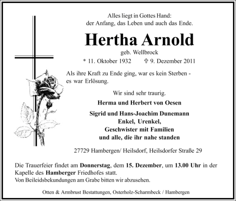  Traueranzeige für Hertha Arnold vom 10.12.2011 aus WESER-KURIER