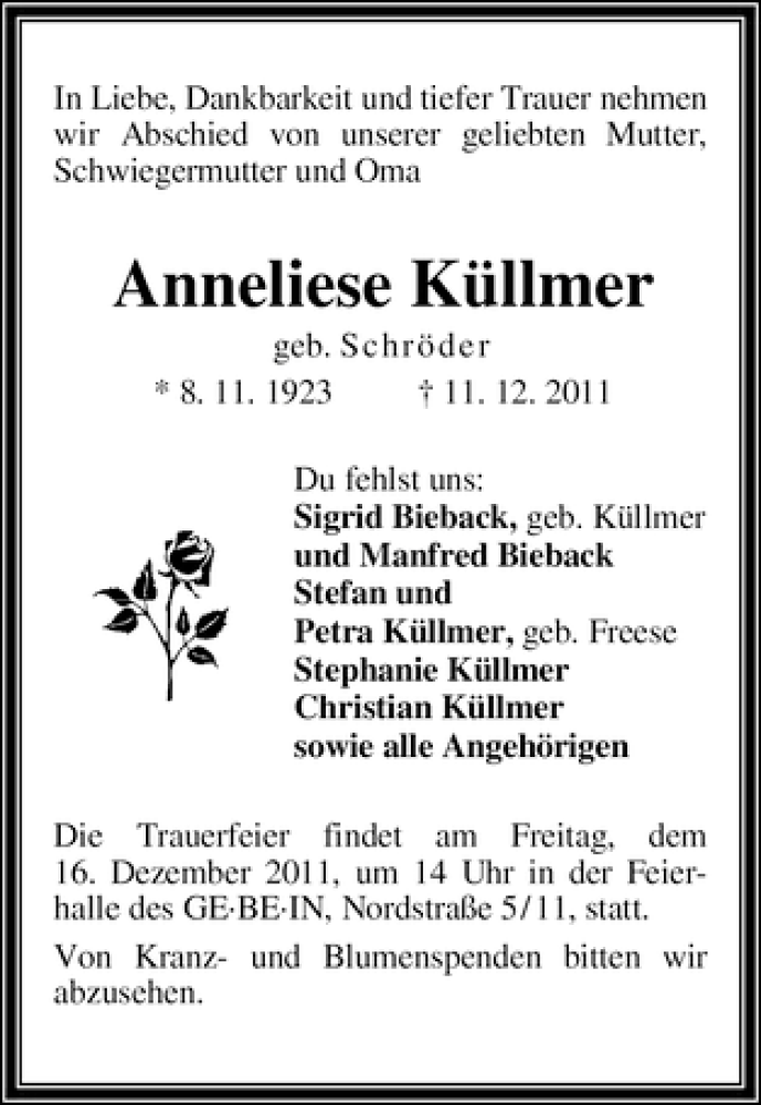  Traueranzeige für Anneliese Küllmer vom 14.12.2011 aus WESER-KURIER