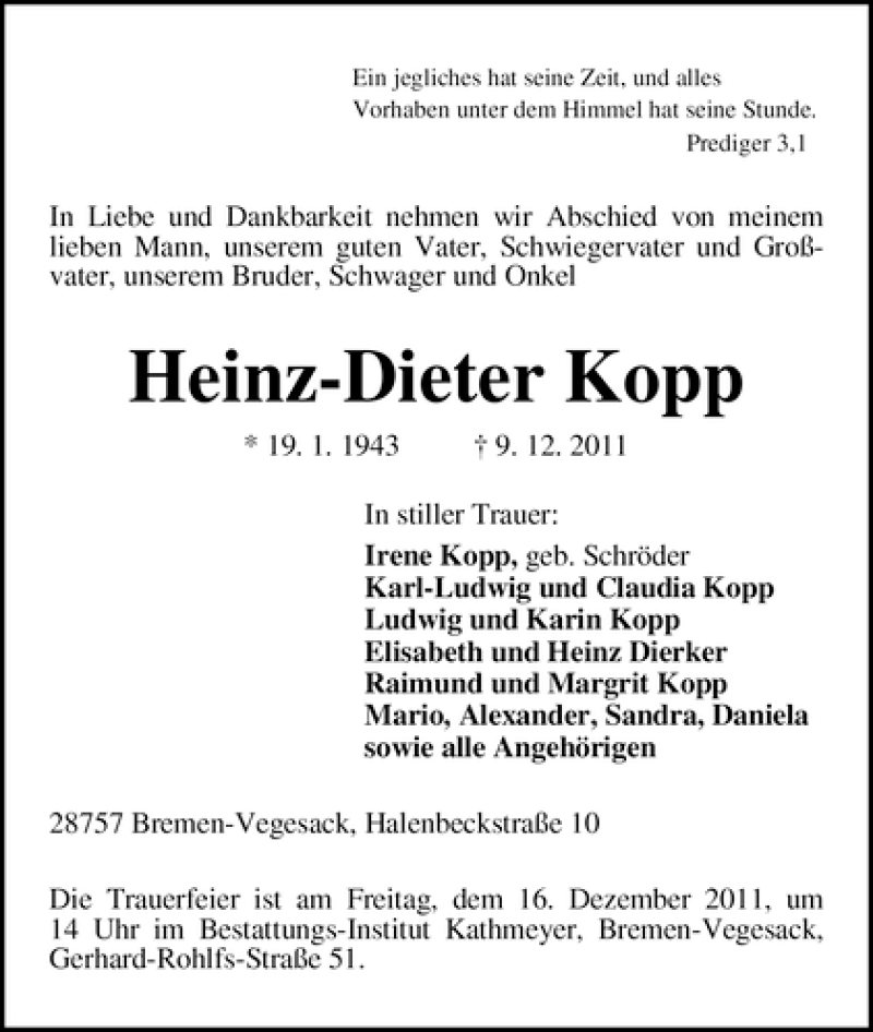  Traueranzeige für Heinz-Dieter Kopp vom 14.12.2011 aus WESER-KURIER